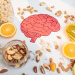 Human brain drawing and healthy fresh food on the table
